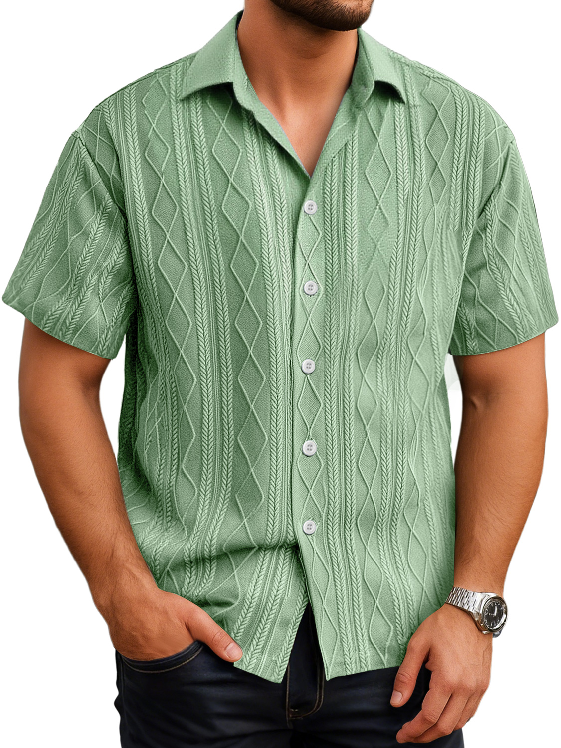 Herren Daily Texture Casual Revers Einfarbig Kurzarmhemd-deurabatt
