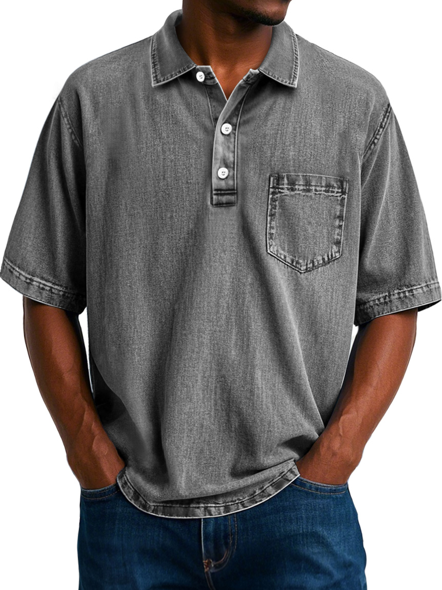 Herren Vintage 100% Baumwolle gewaschenen abgenutzten Revers Tasche lässigen Kurzarm POLO Hemd-ZierMode
