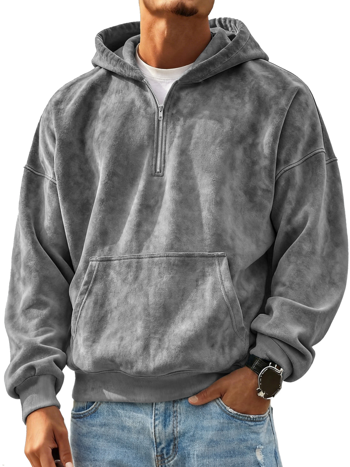 Retro-Freizeit-Kapuzenpullover aus Wildleder für Herren mit Reißverschluss-deurabatt
