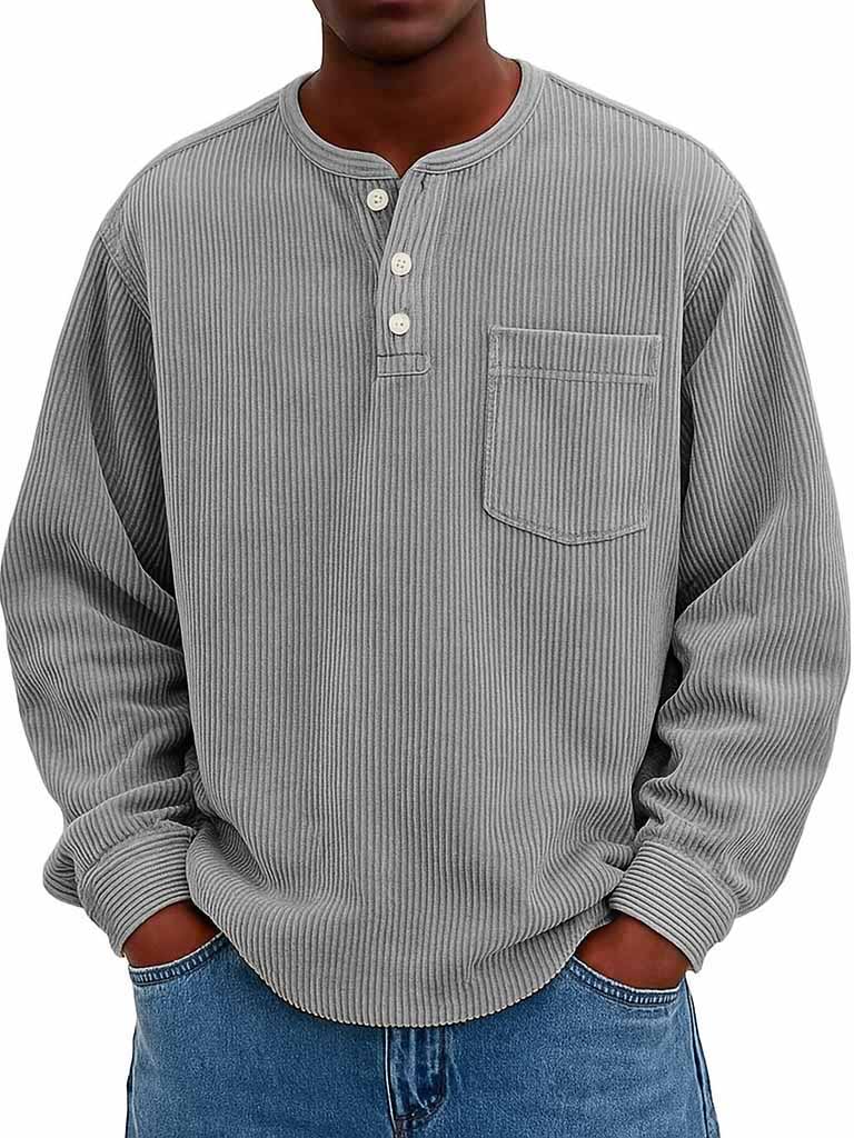 Herrenmode Lässiges Cordstoff Taschen Langarm Henley-Shirt-deurabatt