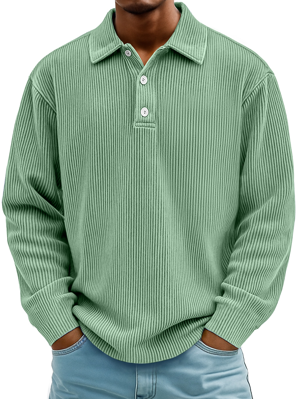 Herren Daily Casual Rippkragen Knopf-down Lockere Langarm Polohemd-deurabatt