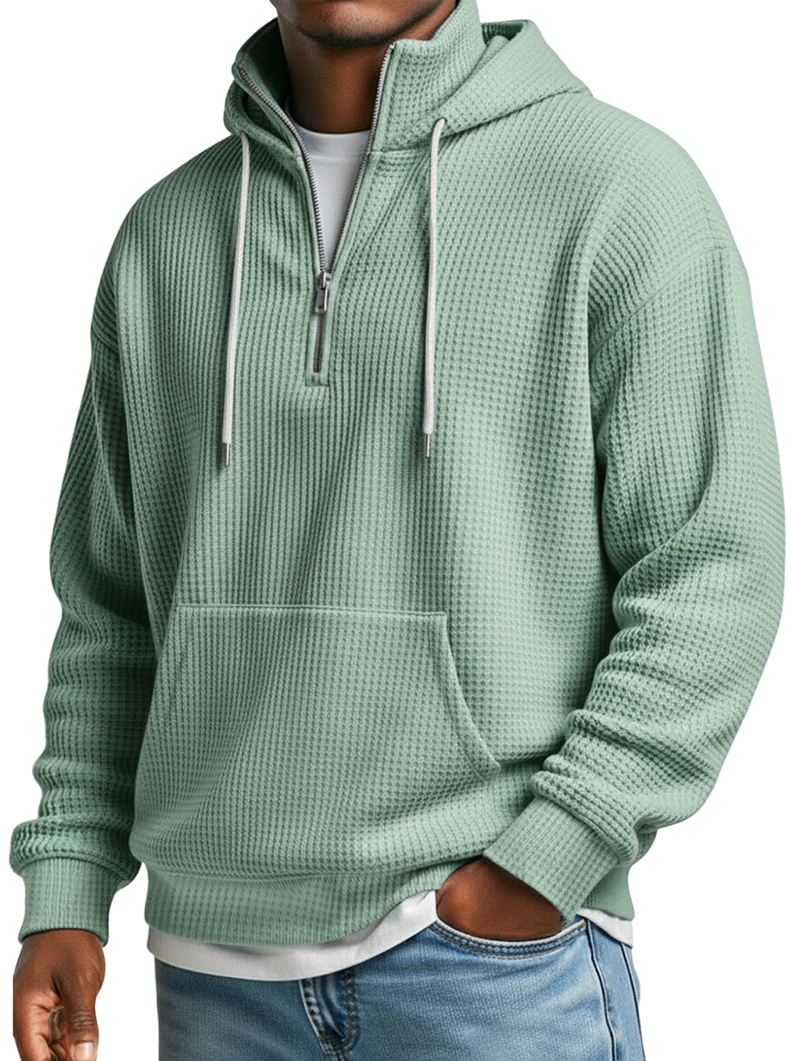 Herren Waffelkragen Reißverschluss Lässiger Lockere Kapuzenpullover-deurabatt