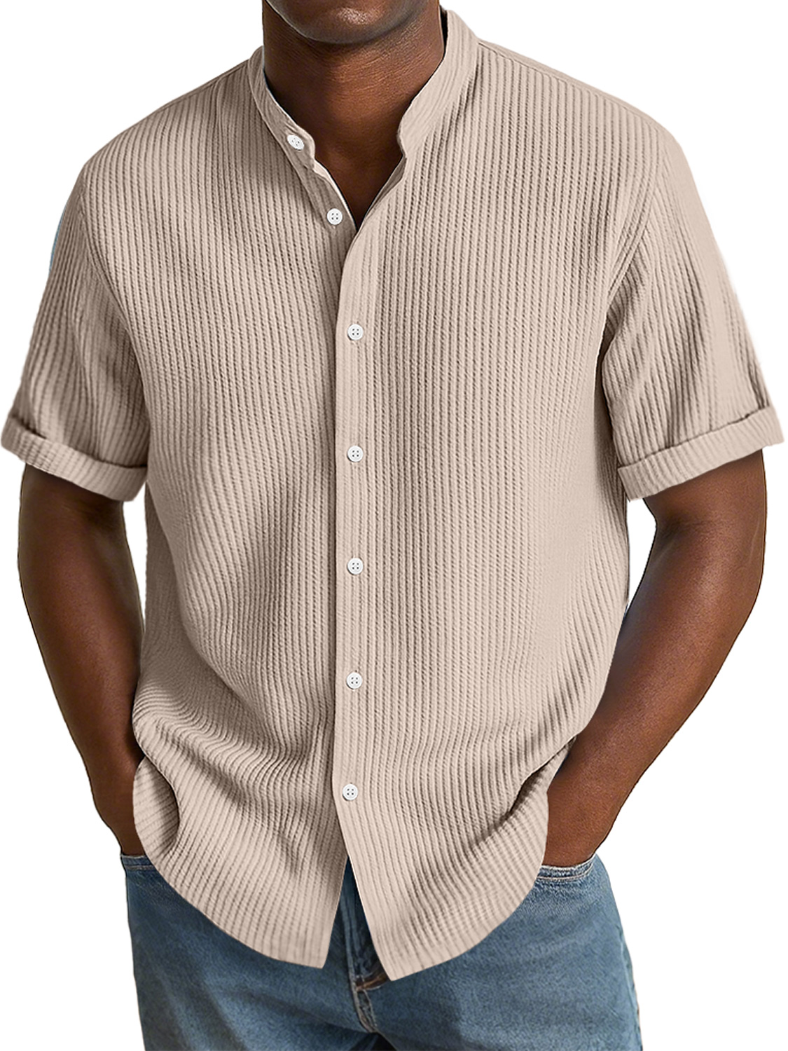 Herren Daily Texture Stoff Freizeit Stehkragen Einfarbig Kurzarmhemd-deurabatt
