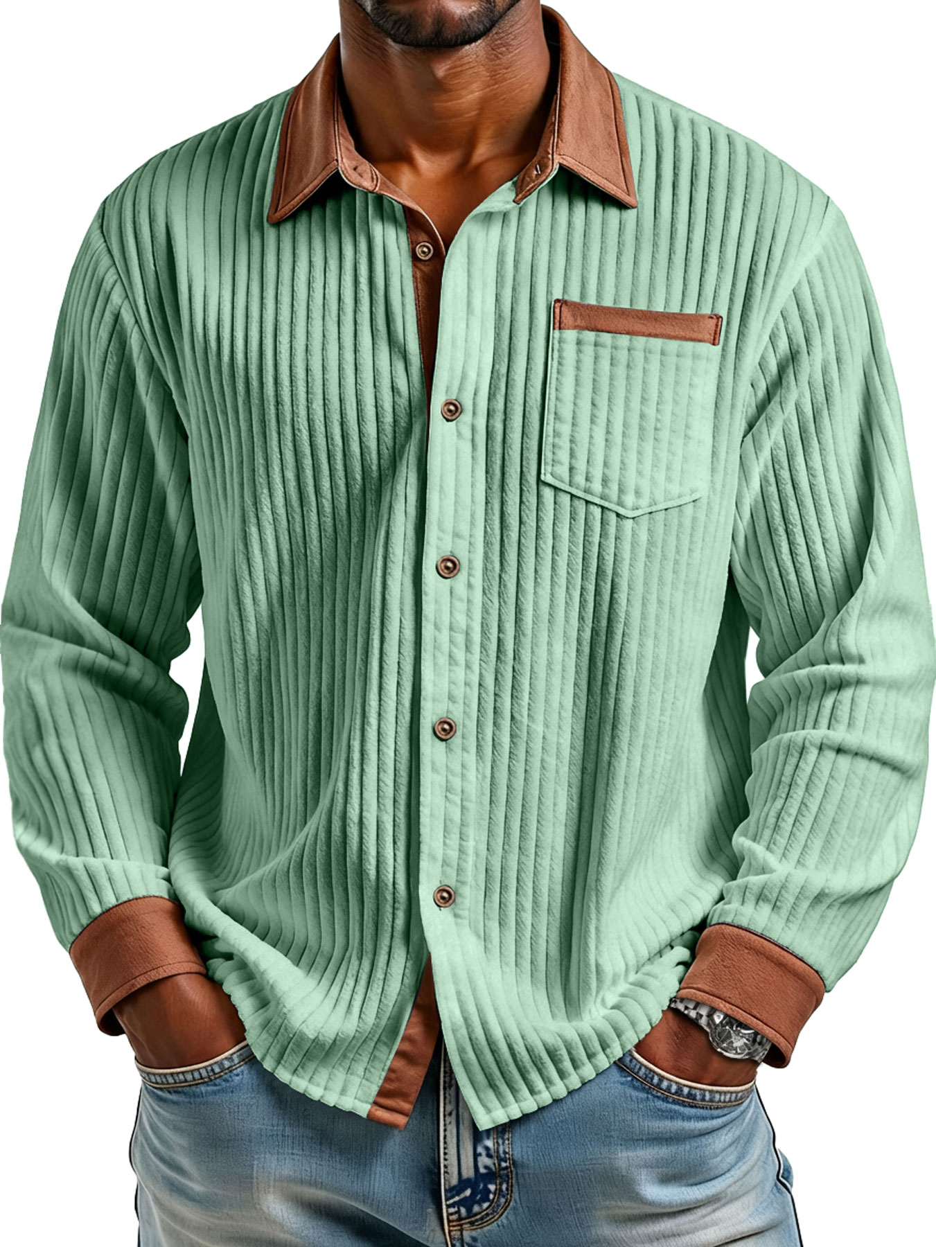 Herren Retro Corduroy Kragen Farbblock Casual Langarmhemd-deurabatt