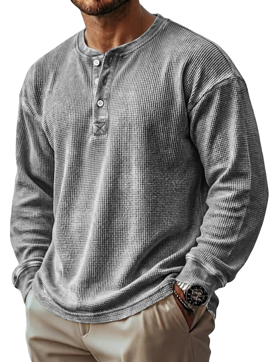 Herren Vintage Waffelstrick Langarm-Henley-Shirt-deurabatt