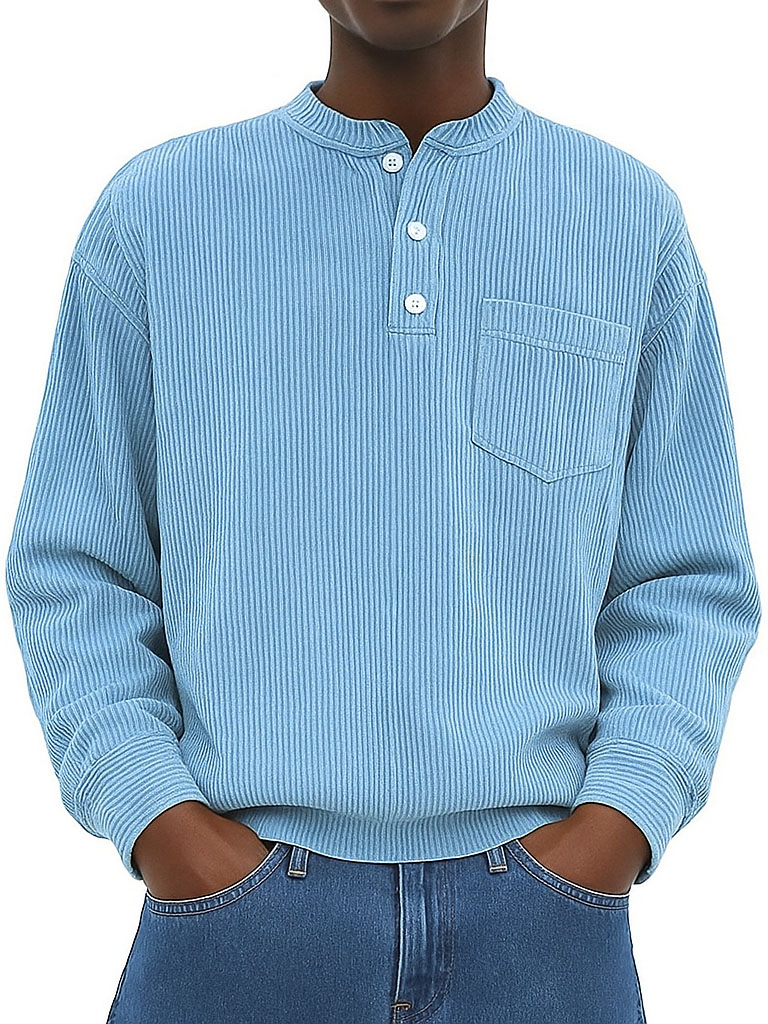 Herrenmode Freizeit Ribstoff Stehkragen Langarm Henley-Shirt-deurabatt