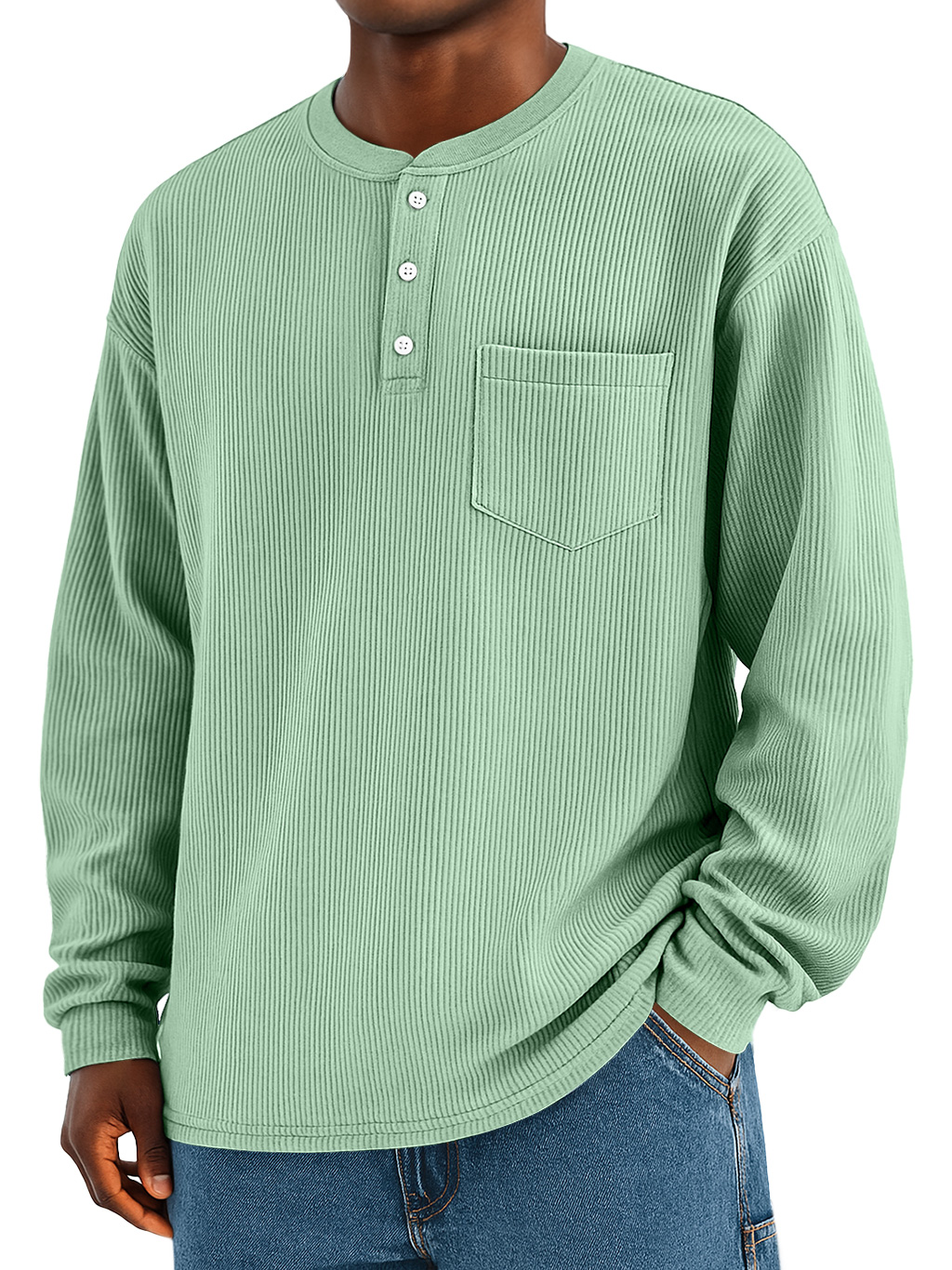 Männliches modisches Alltags-Ripp-Taschen-Casual Langarm-Henley-Shirt-deurabatt