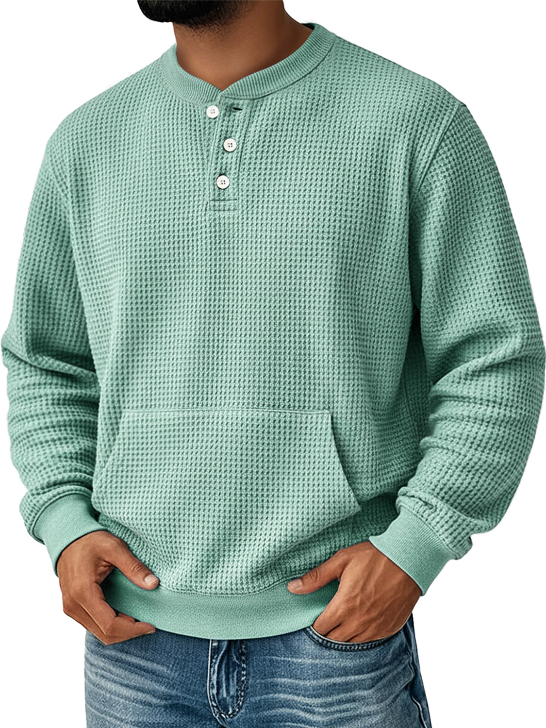 Herren Einfaches Waffel Stehkragen Knopf Freizeit Tasche Sweatshirt-deurabatt