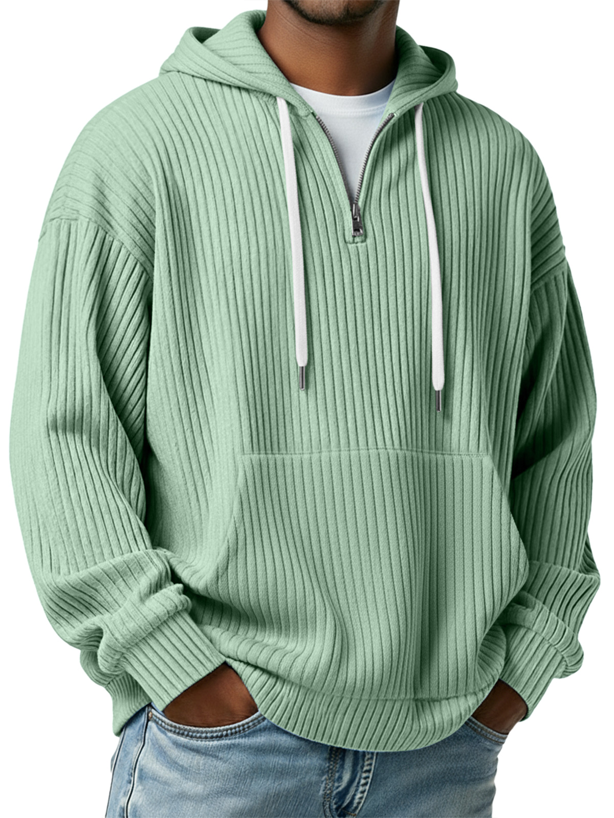 Herren Einfaches Rippstrick Kapuzenzipper Lässiger Lockere Sweatshirt-deurabatt