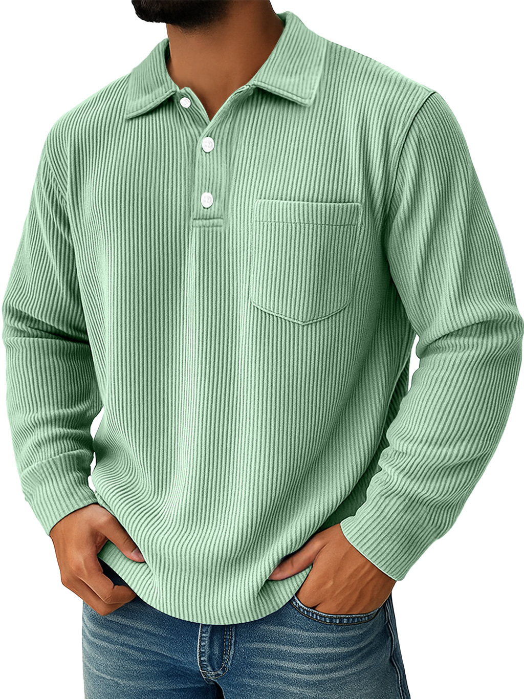 Herren Daily Rippkragen Knopf-Down Freizeit Tasche Langarm Polohemd-deurabatt