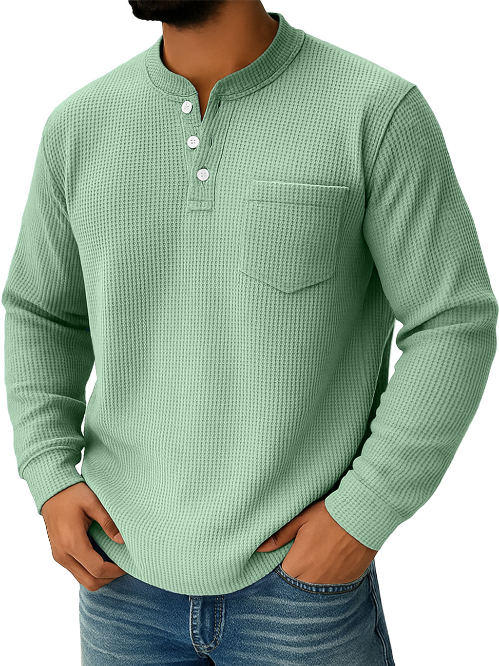Herren Alltags Waffelkragen Button-Down Freizeit Langarm Henley-deurabatt
