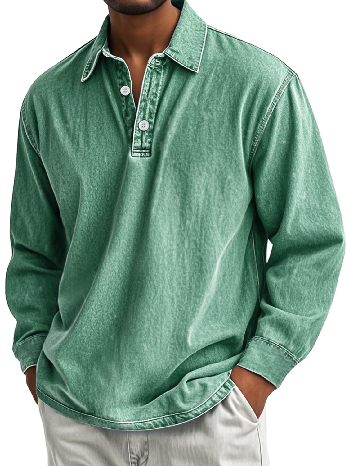 Herren Retro Freizeit Kragen Knopfverschluss Abgenutztes Langarm Polohemd-deurabatt