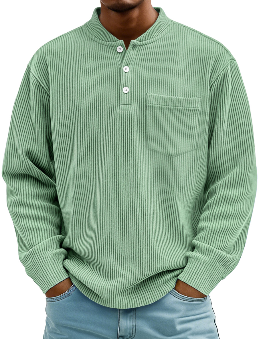 Herrenmode Ridge Stehkragen Knopf Freizeit Taschen Henley Shirt-deurabatt