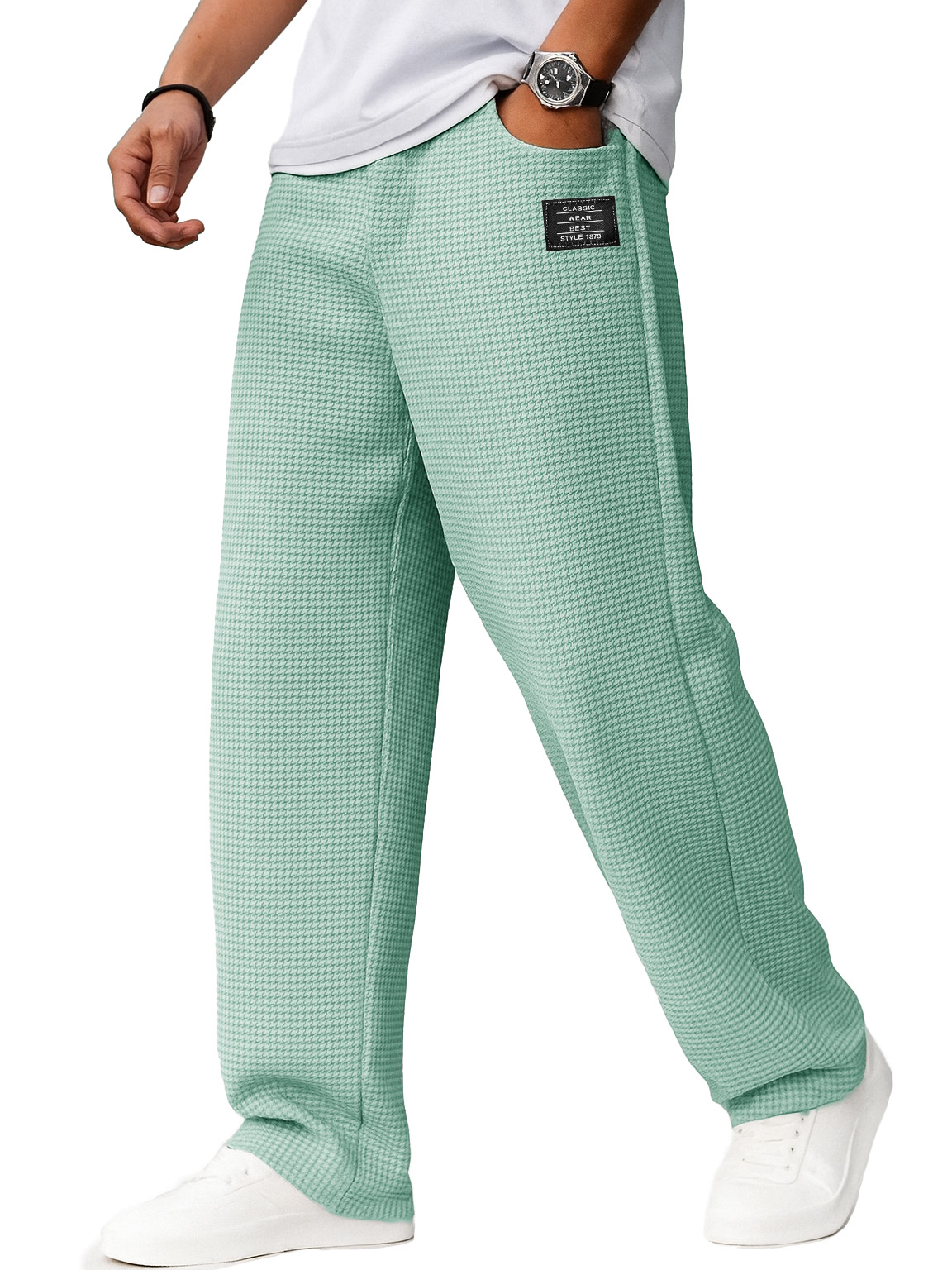 Herrenmode Alltags-Waffelstoff Besticktes Logo Kordelzug Lockere Elastische Taille Taschenhose-ZierMode