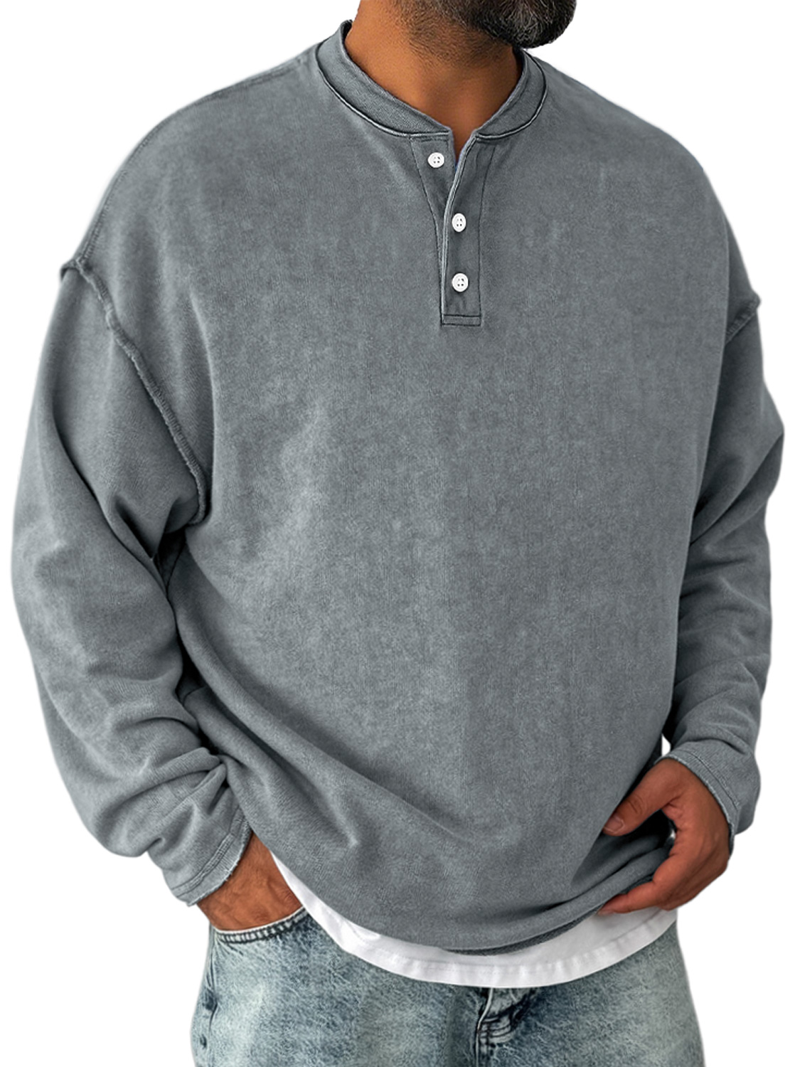 Herren Retro Freizeit Stehkragen Knopf-Down Langarm Henley Shirt-deurabatt