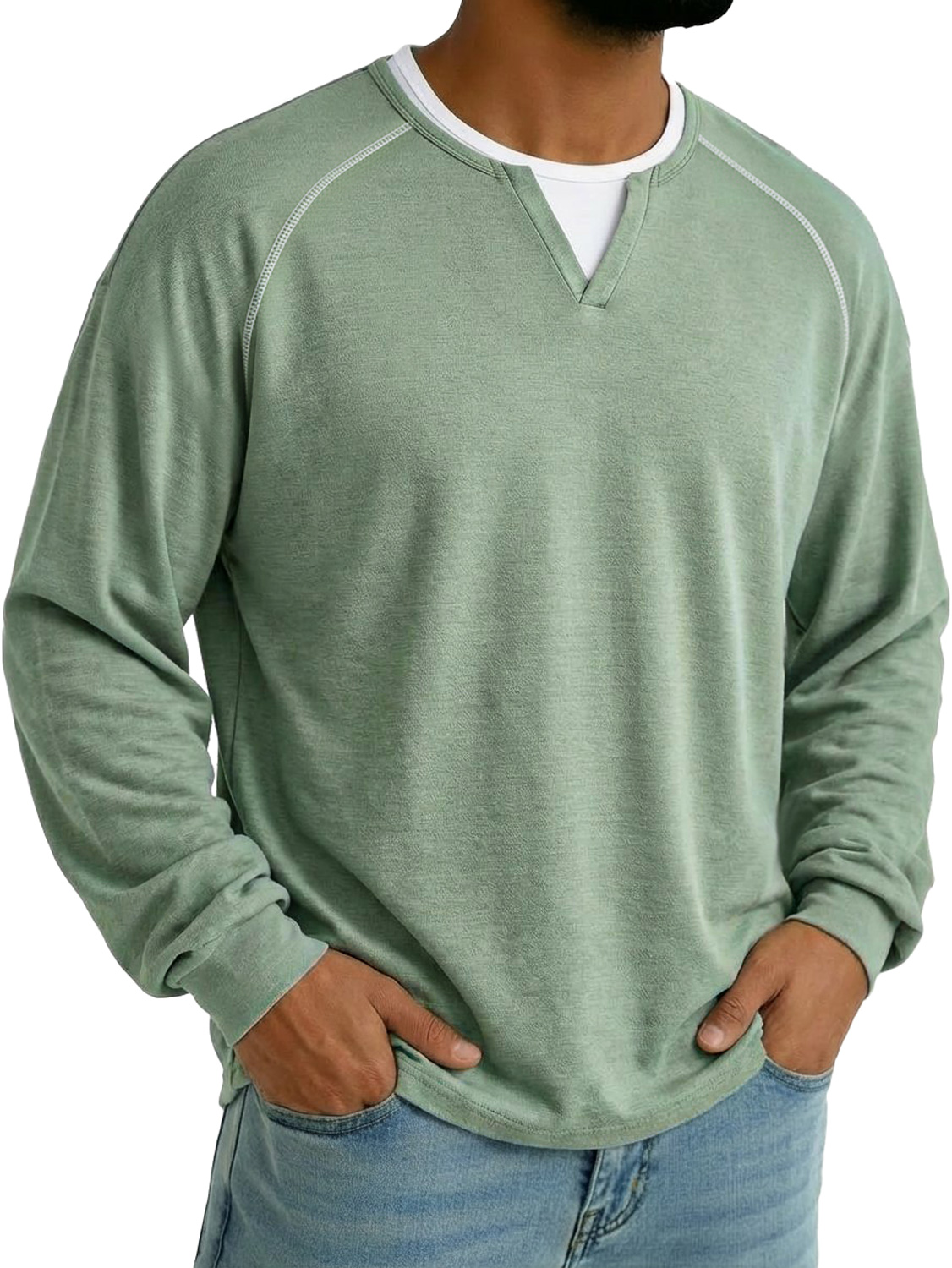 Herren Faux Zweiteilig Doppel-Lagen Kragen Raglan Ärmel Lässiges Langarm T-Shirt-deurabatt