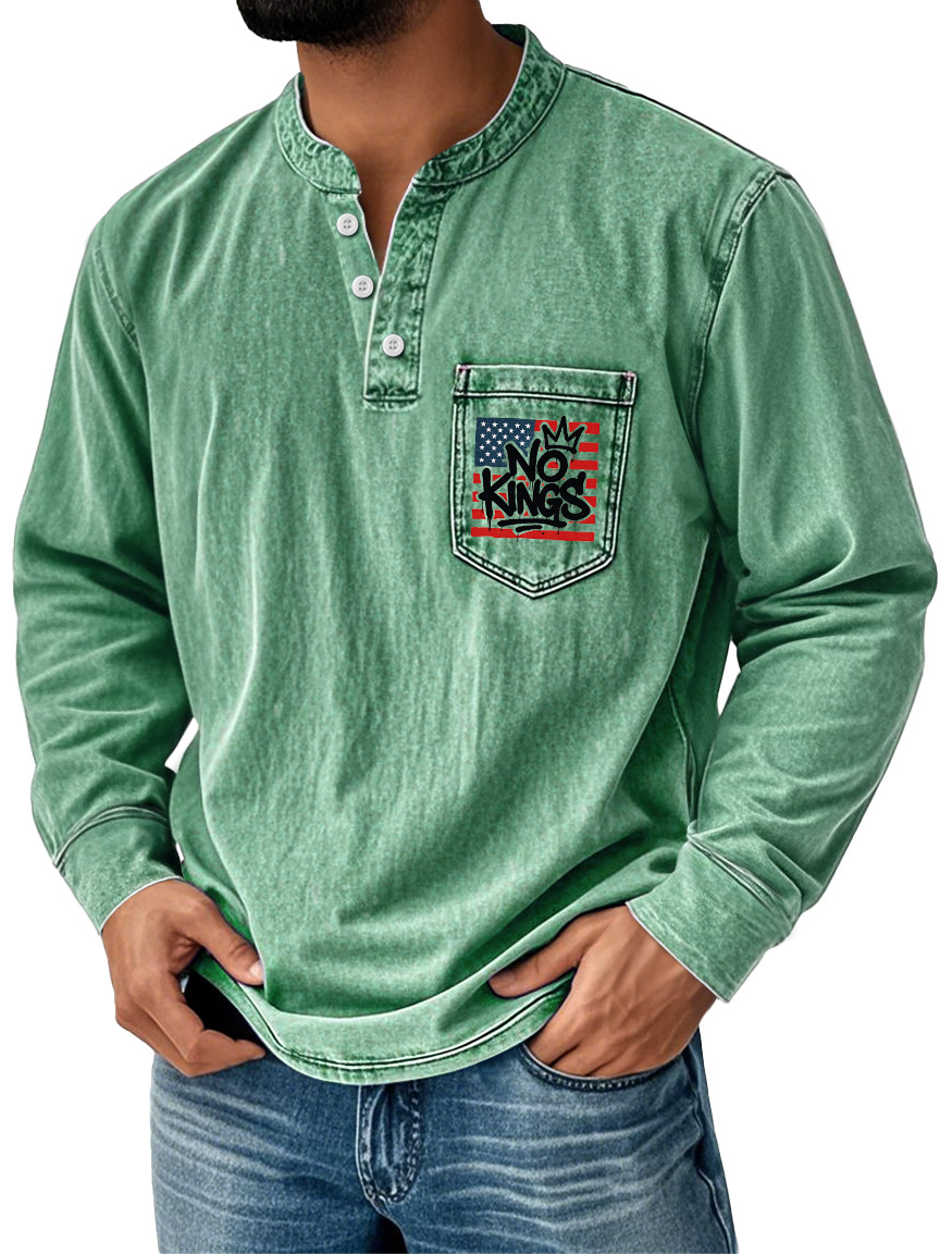 Herren Vintage No Kings Stehkragen Knopf Tasche Lässig Langarm Henley-deurabatt