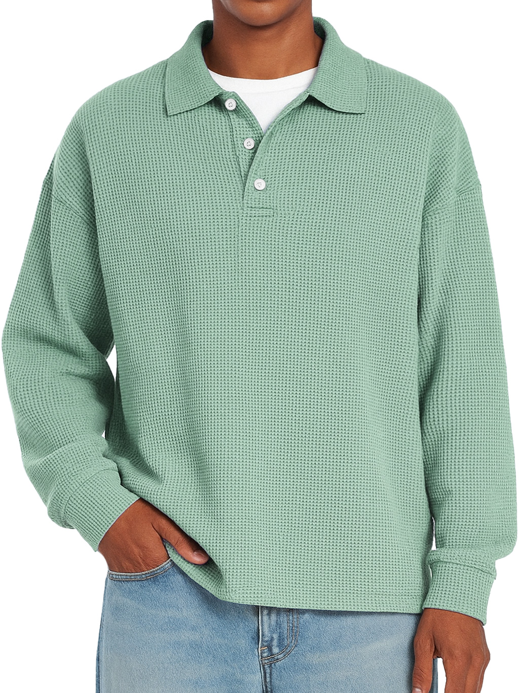 Herren Daily Waffle Freizeit Revers Knopf Locker Langarm Polohemd-deurabatt