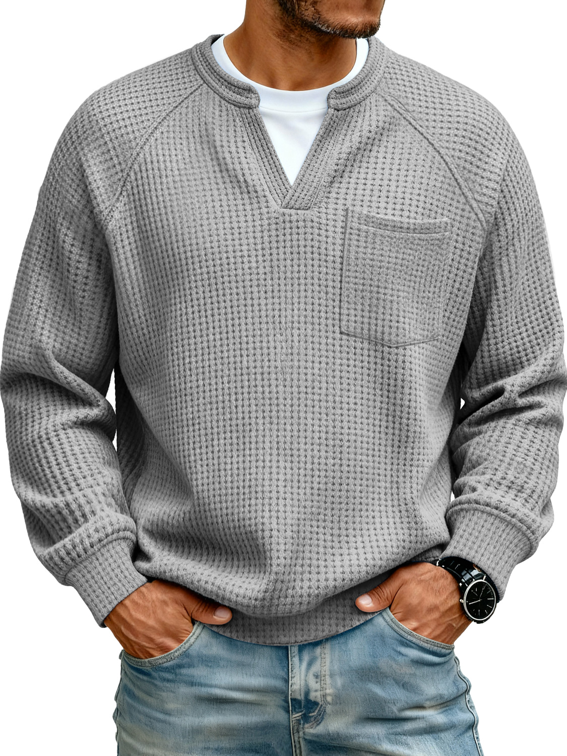 Herren Raglan Waffelstrick Faux Zwei-Teile Freizeit Tasche Langarm T-Shirt-deurabatt