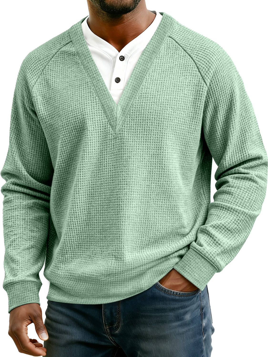 Herren Einfaches Waffel V-Ausschnitt Fake Zweiteiliges Lässiges Langarm-T-Shirt-deurabatt