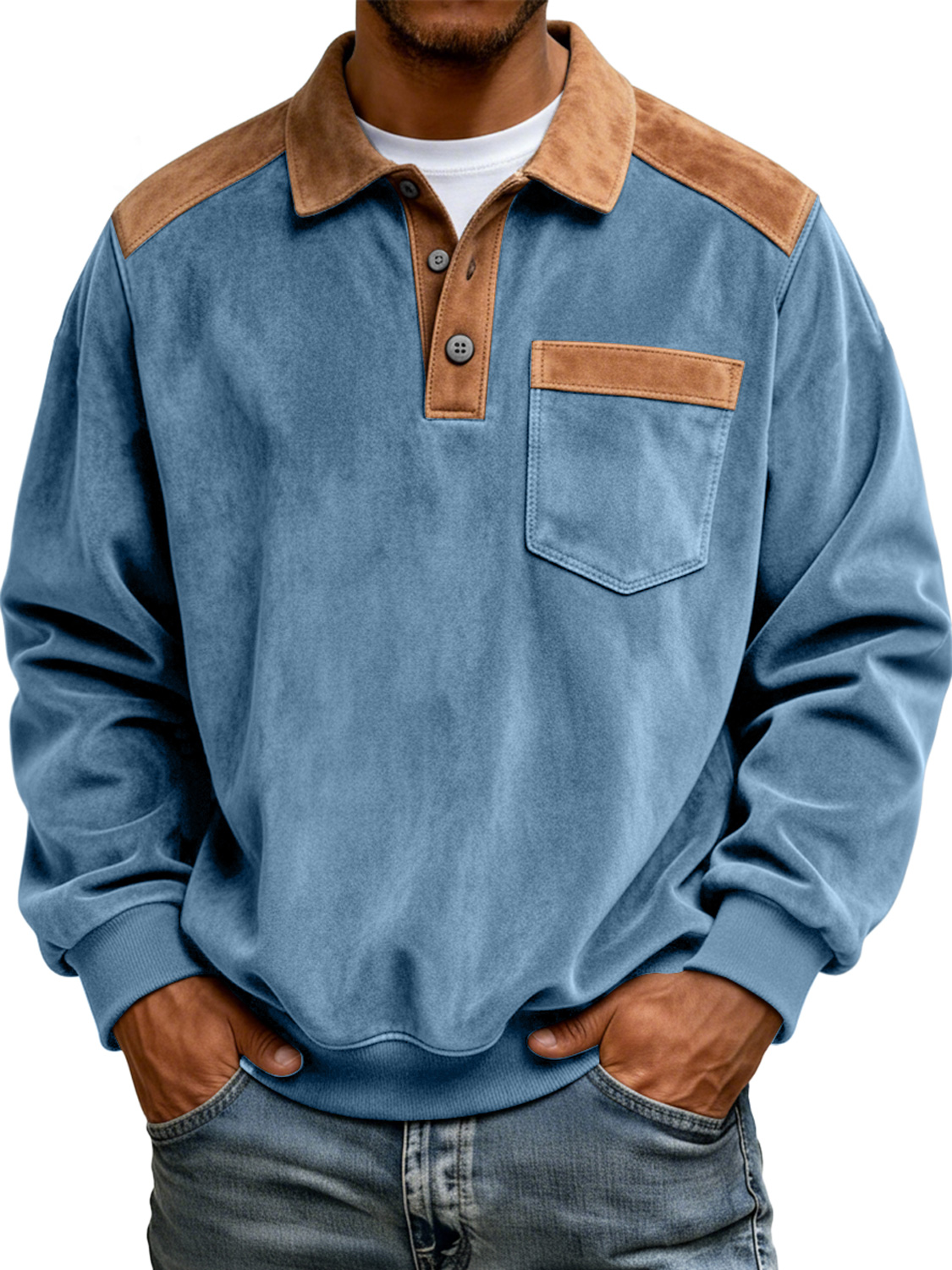 Herren Retro Farbblock Wildleder Freizeit Taschen Polohemd-deurabatt