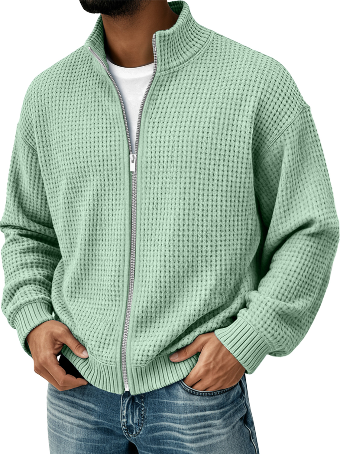 Herren Einfacher Stehkragen Waffel Freizeit Zip-Up Jacke-deurabatt