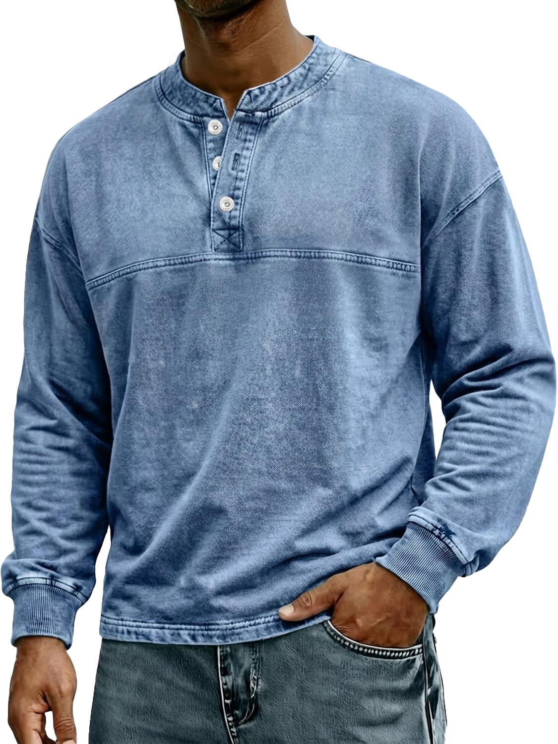 Herren Retro-Stil Stehkragen Knopf Freizeit Langarm Henley Hemd-deurabatt