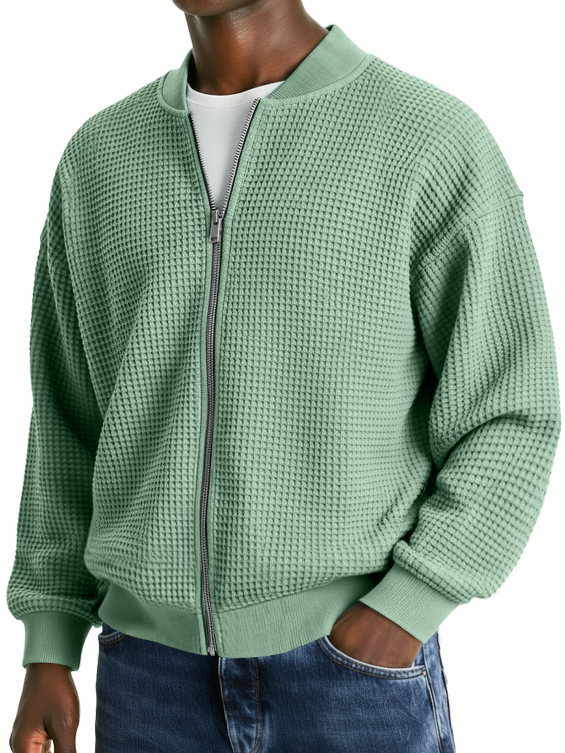 Herren-Waffelstrickjacke, lässig, locker, mit Reißverschluss-deurabatt