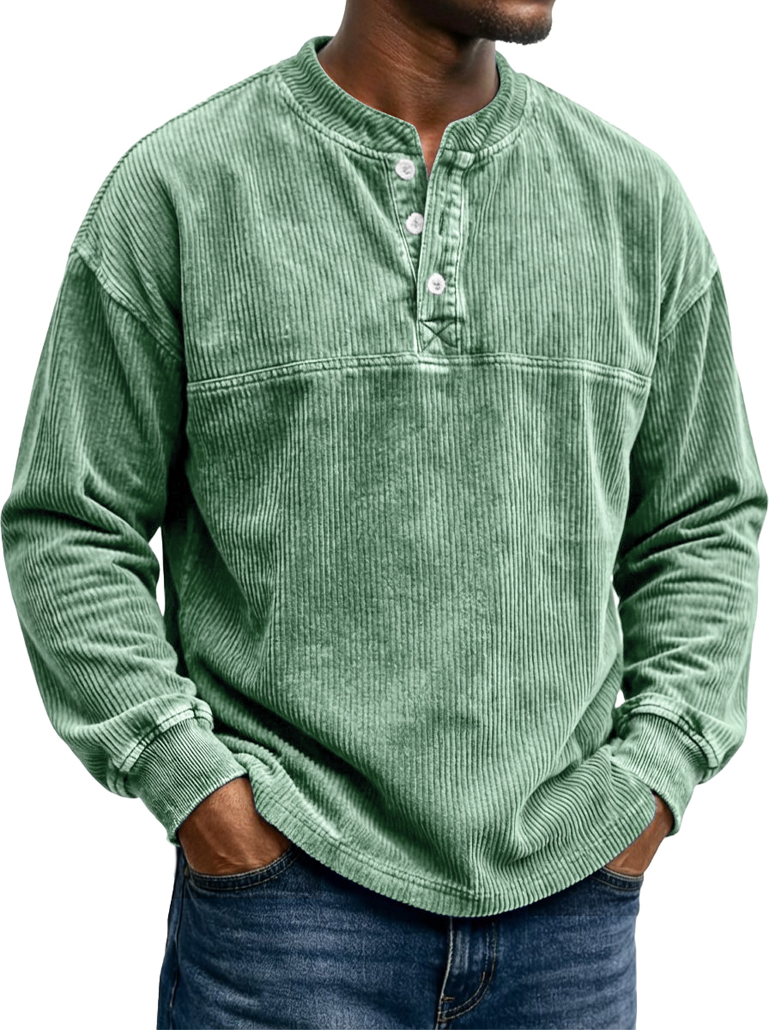 Herren Vintage Corduroy Langarm-Henley-Shirt mit einem stilvollen Design-deurabatt