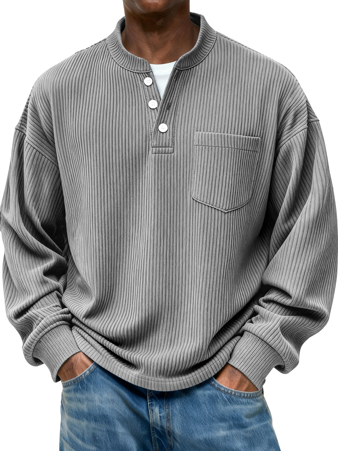 Herren Stehkragen Knopf Ripp Casual Tasche Langarm Henley Shirt-deurabatt