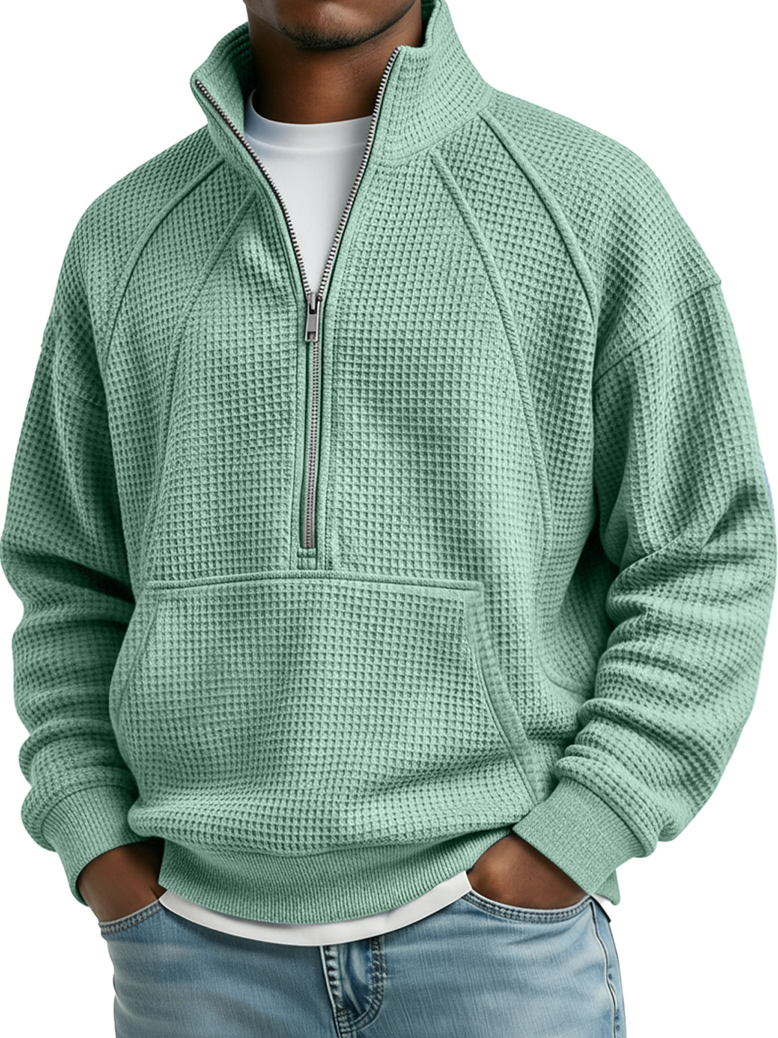 Herren Waffel Stehkragen Reißverschluss Raglan Freizeit Tasche Sweatshirt-deurabatt