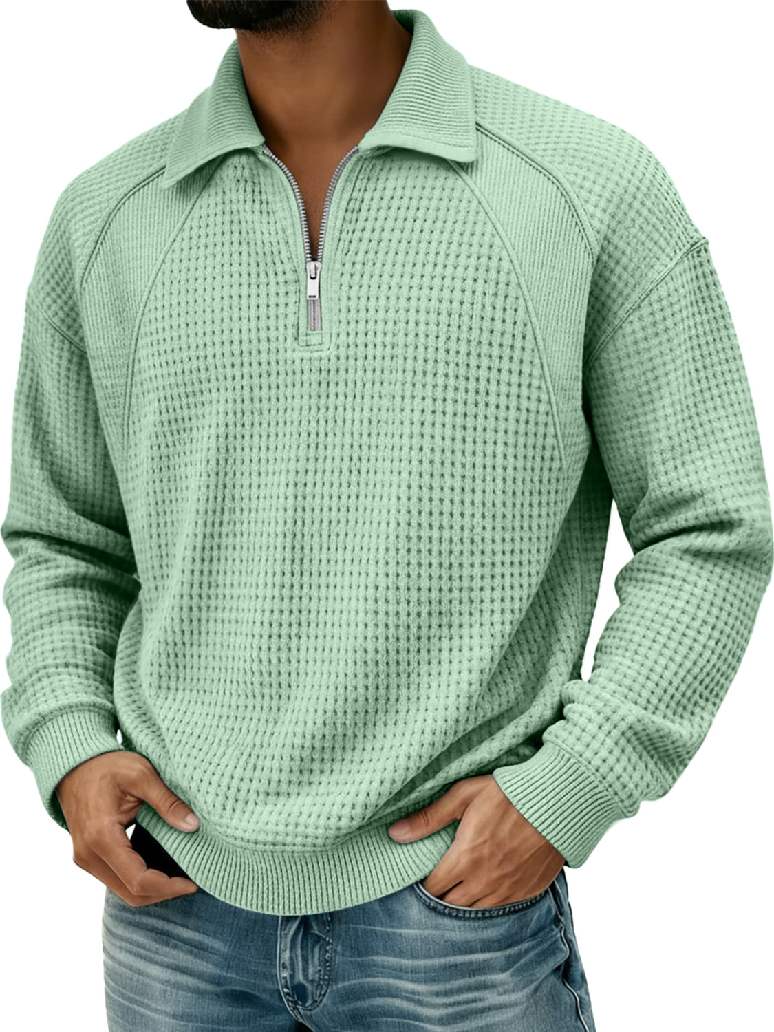 Herren Waffel Revers Reißverschluss Design Split Naht Polo Shirt-deurabatt