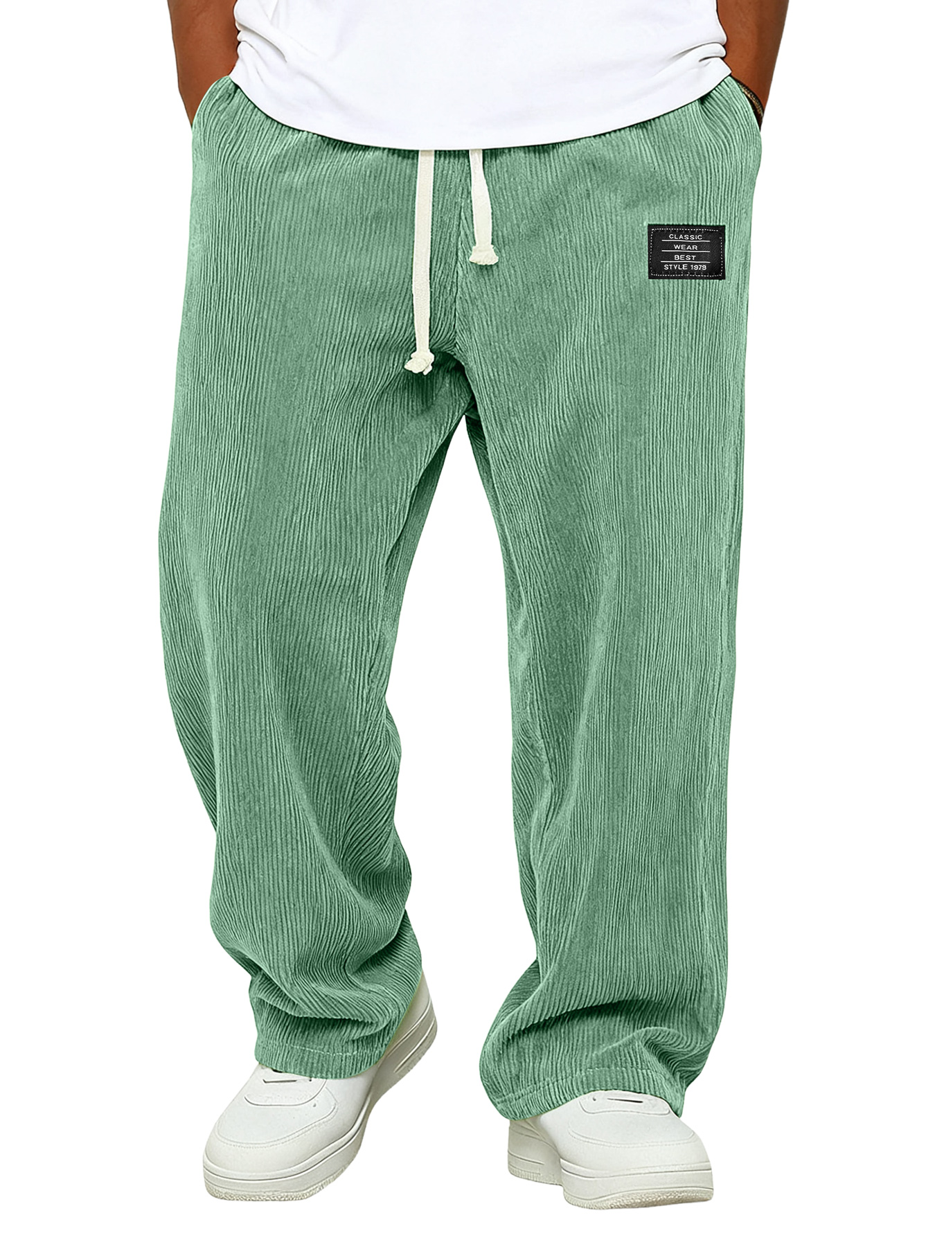 Einfache Corduroy Bestickte Logo Locker sitzende Hose mit elastischem Bund-deurabatt