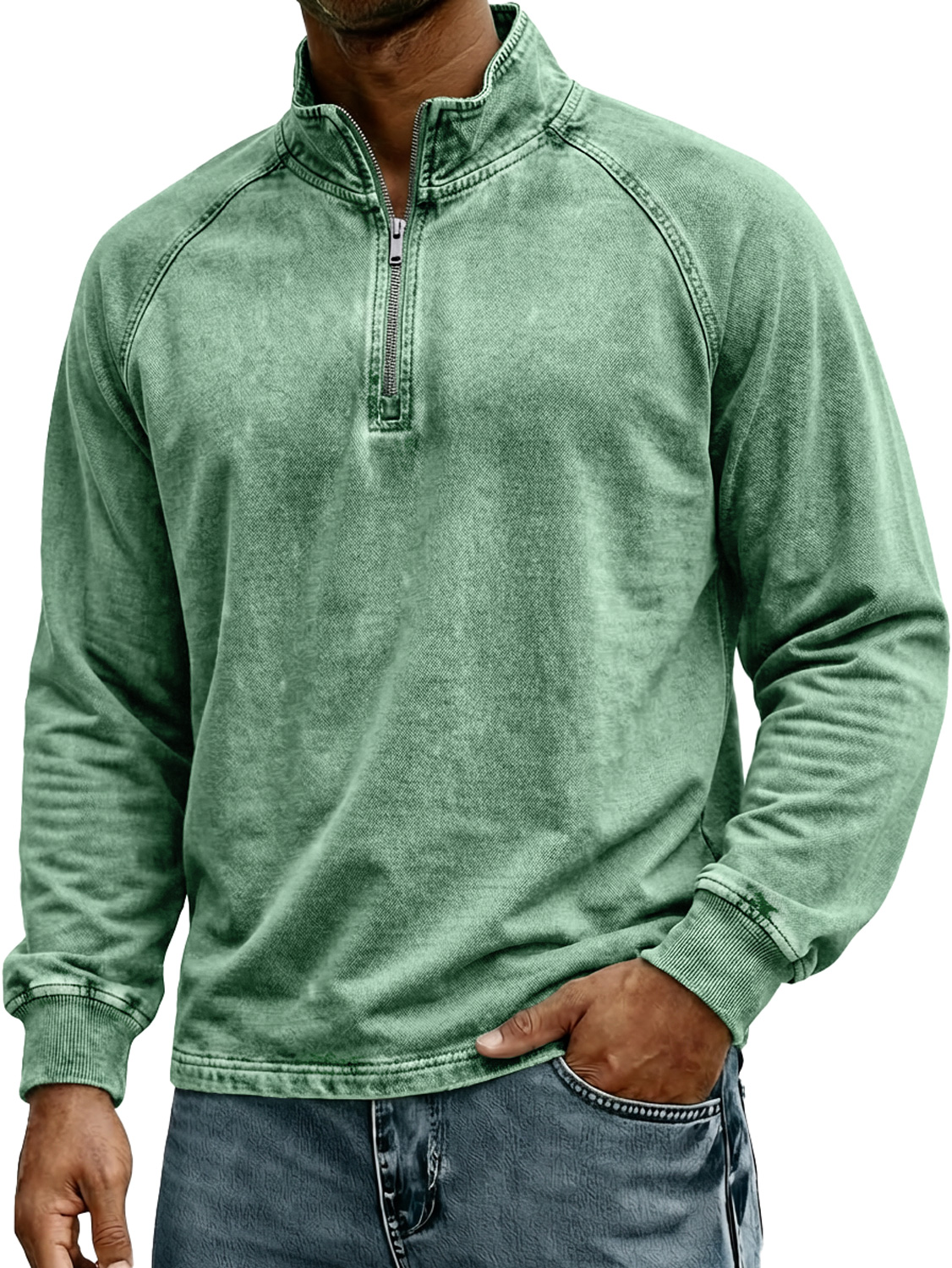 Herren Retro Stehkragen Reißverschluss Raglan Design Freizeit Langarm T-Shirt-deurabatt