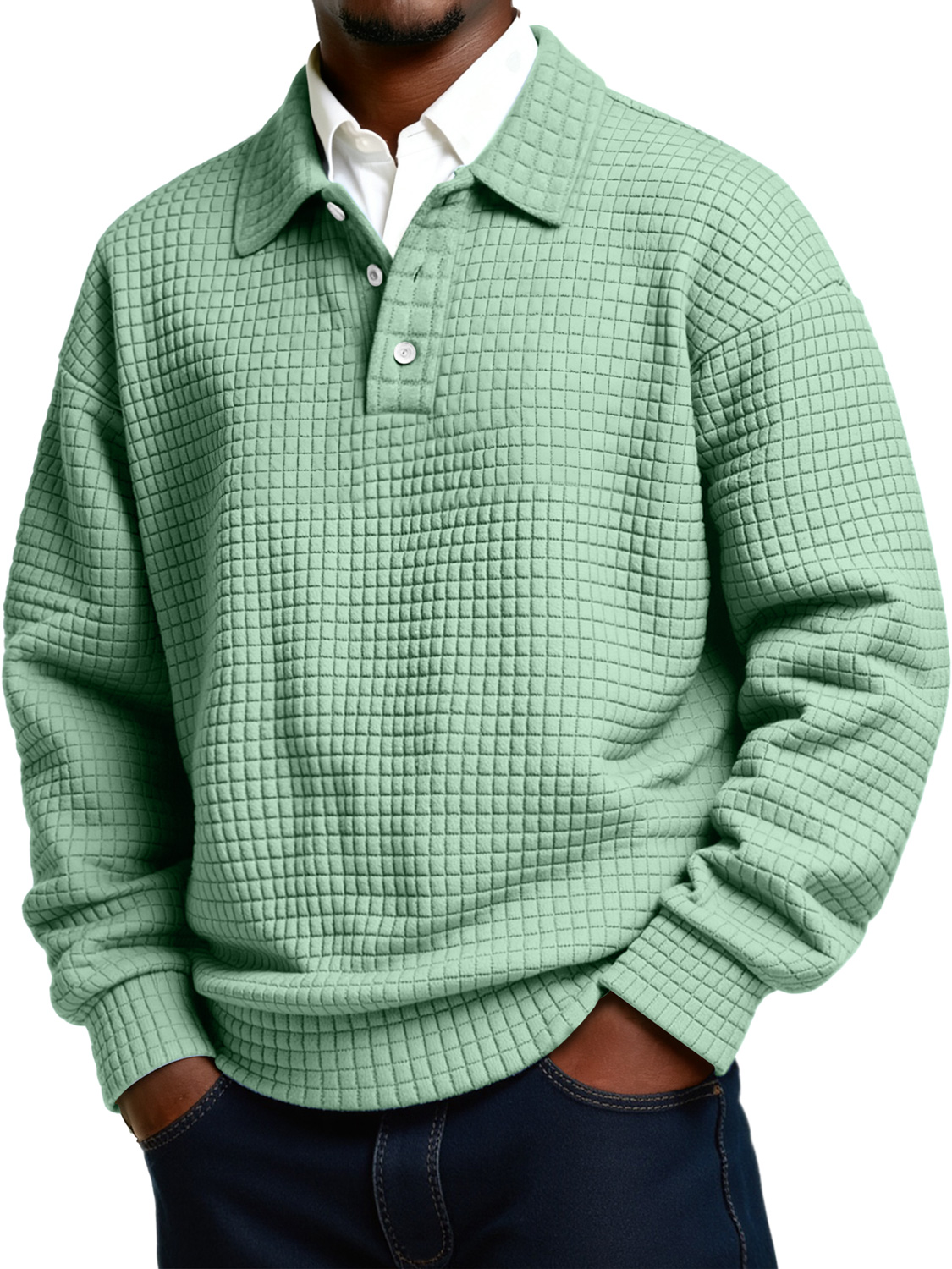 Herren Daily Small Plaid Revers Knopf Lässiges Langarm Polohemd-deurabatt