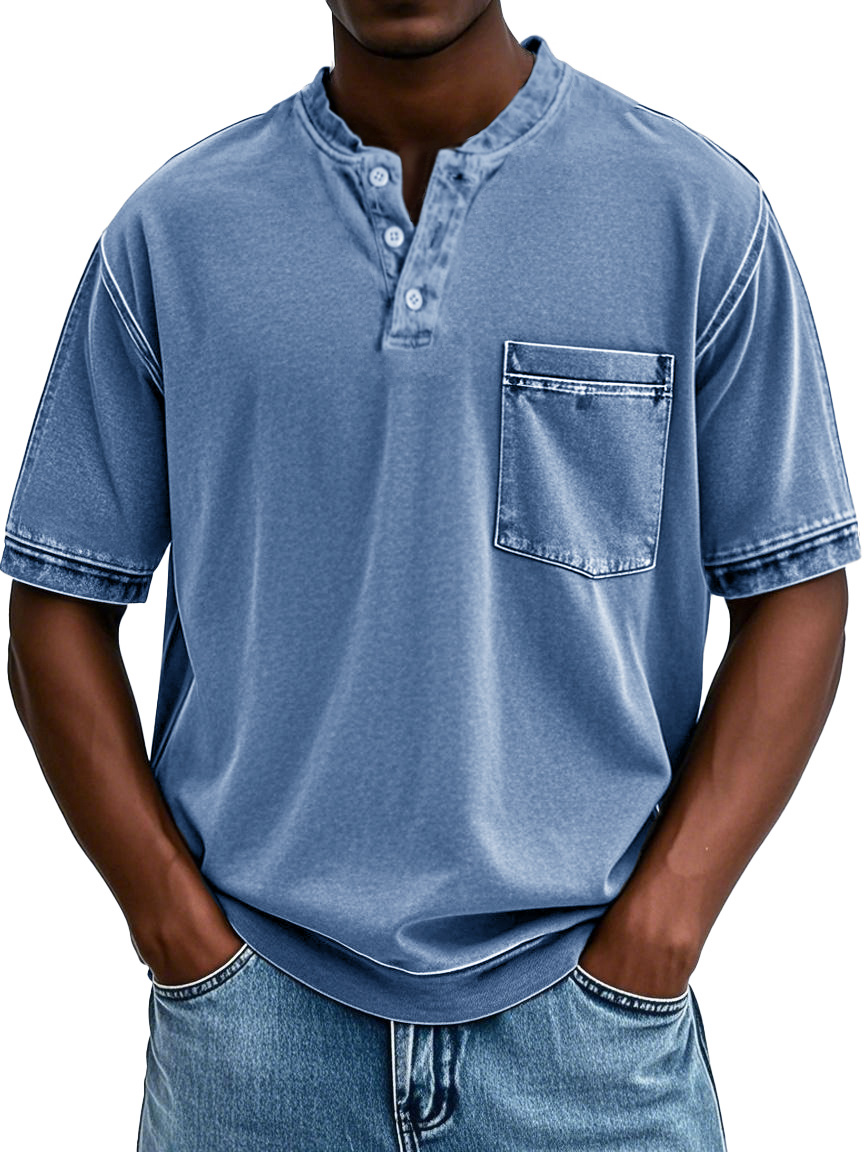 Herrenmode Retro Rundhals Tasche Kurzarm Henley Shirt-deurabatt