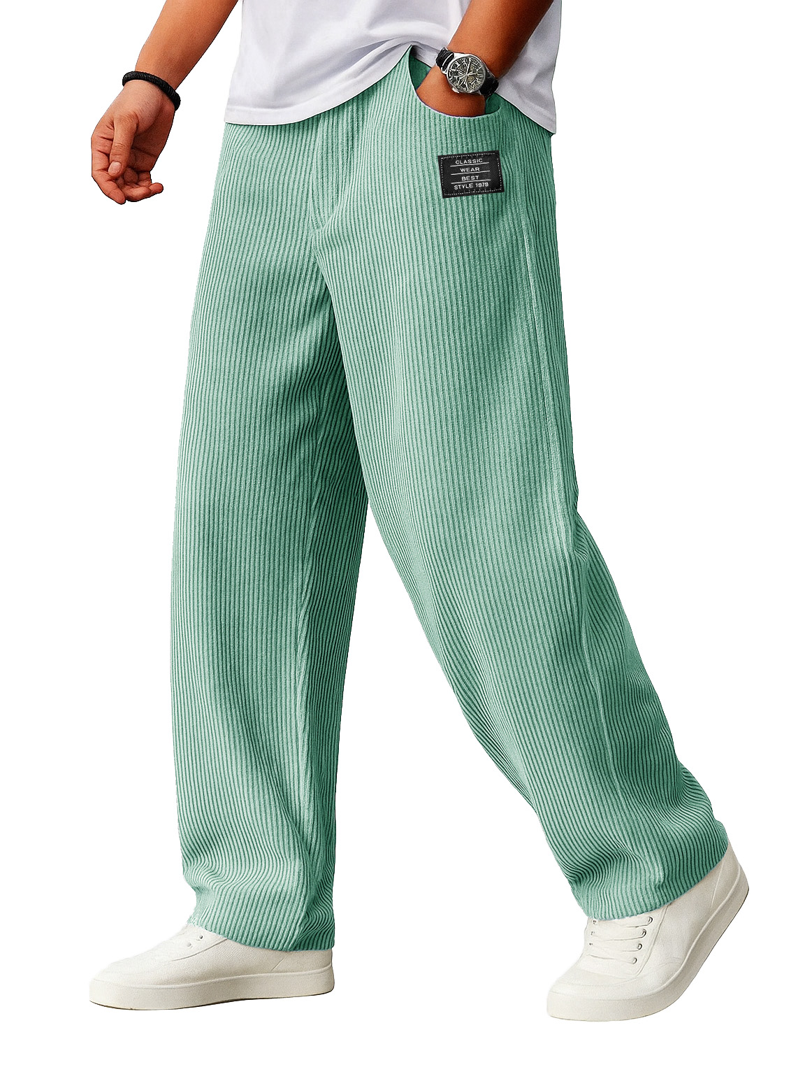 Herren lockere Mode Cordstoff gerippter Stoff besticktes Logo Kordelzug lockere elastische Taille Taschenhose-ZierMode