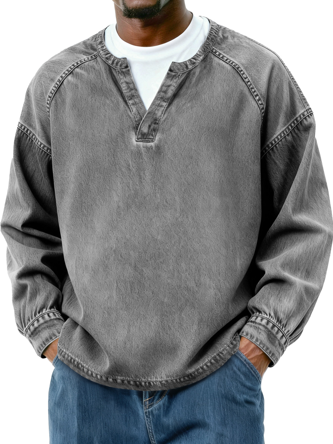 Herren Retro Faux Zwei-Teile Raglan Patchwork Freizeit Langarm T-Shirt-deurabatt