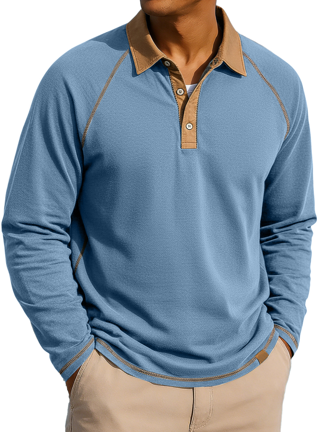Herren Revers Knopf-auf Farbblock Raglan Ärmel Freizeit Langarm Polohemd-deurabatt