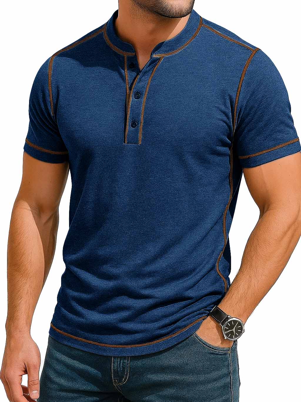 Herrenmode Retro Kontrastfarbe Linie Kurzarm Henley Shirt-deurabatt