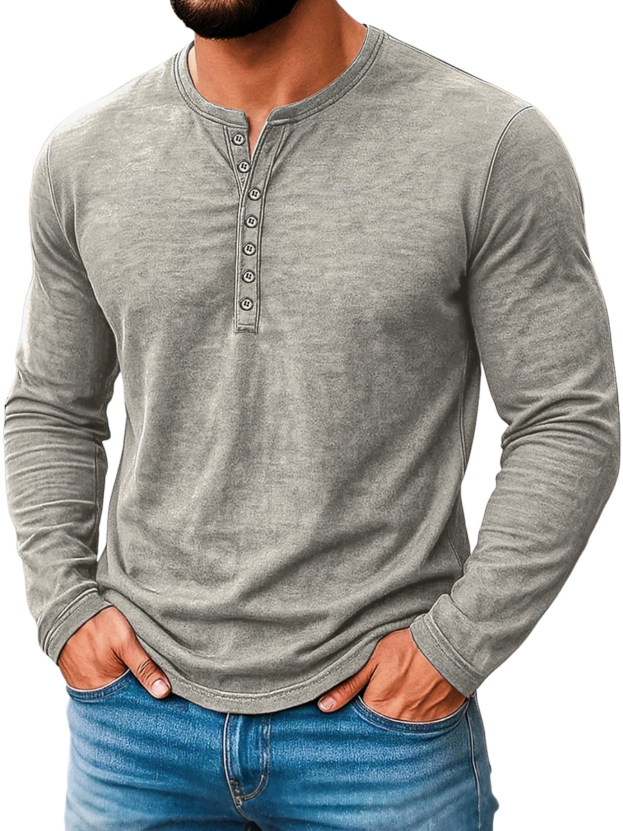 Herren Vintage Abgenutztes Baumwolle Lässig Knopf-Down Langarm Henley Hemd-deurabatt