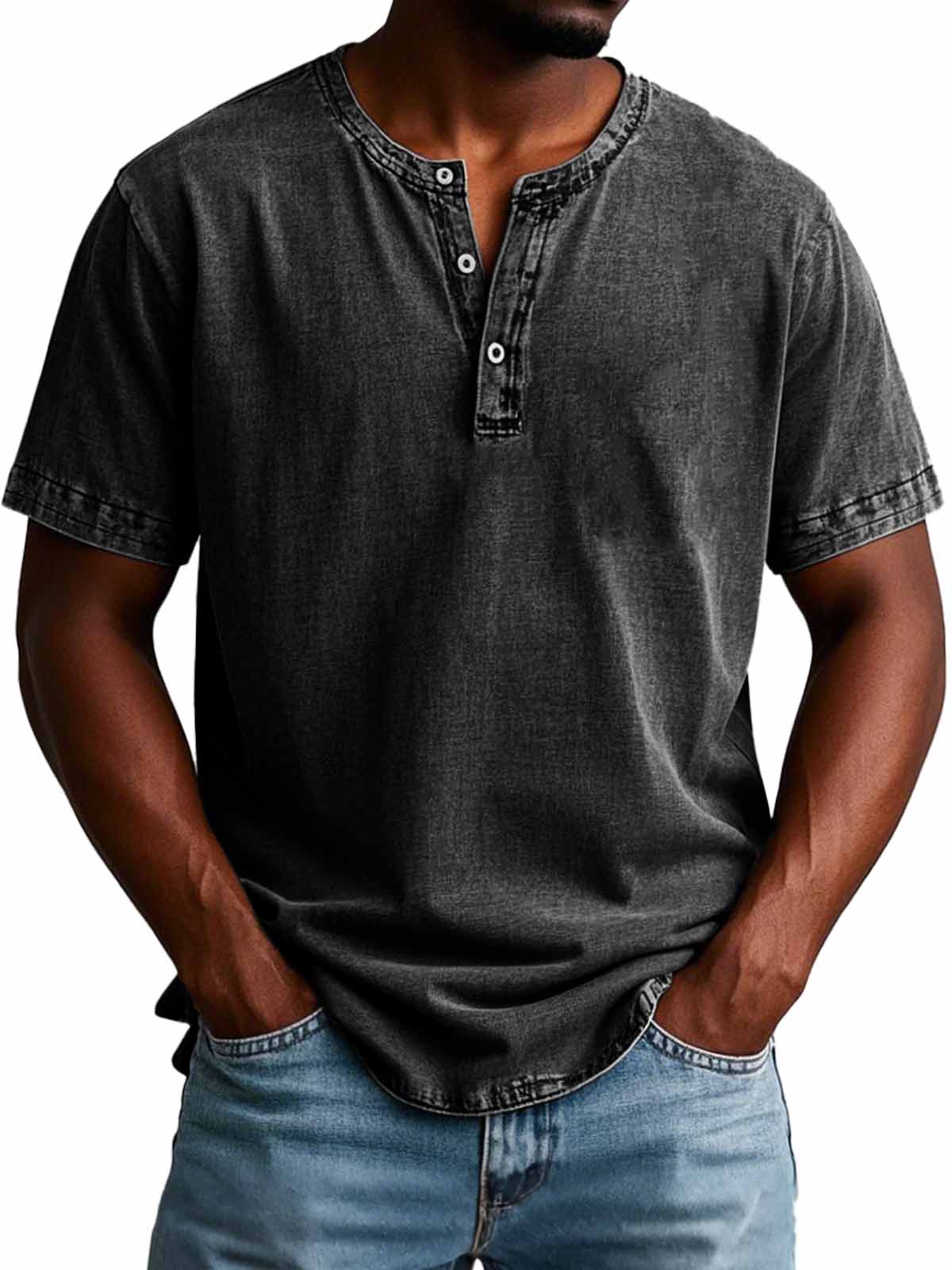 Herrenmode Vintage Verwaschenes Kurzarm-Henley-Shirt-deurabatt