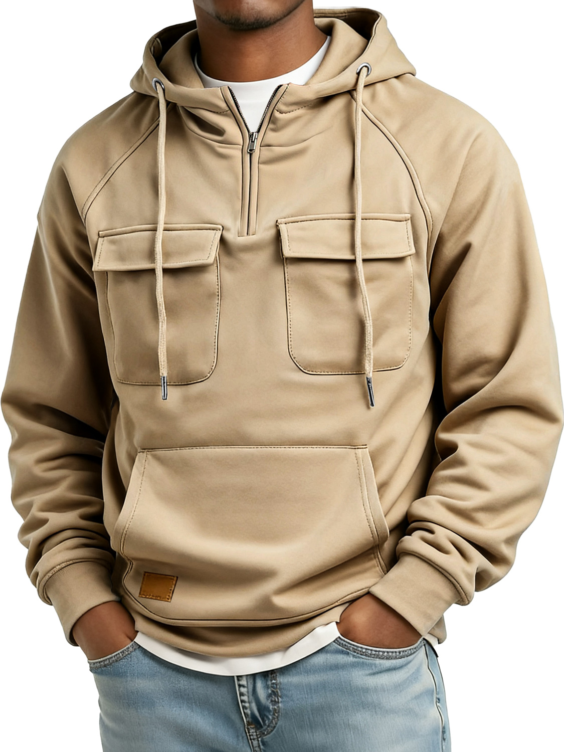 Herren Retro Reißverschluss Doppelter Taschen Besticktes Logo Freizeit Hoodie-deurabatt