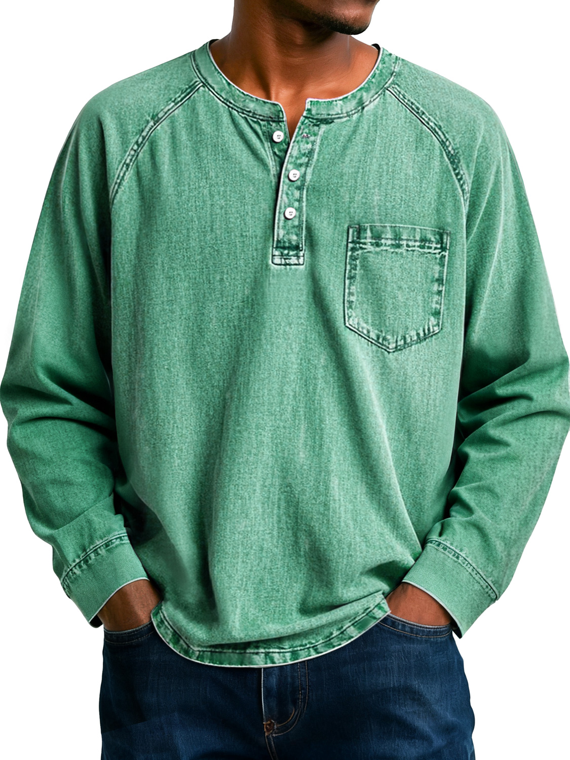 Herren Retro Raglan Tasche Lässiges Langarm-Henley-Shirt-deurabatt