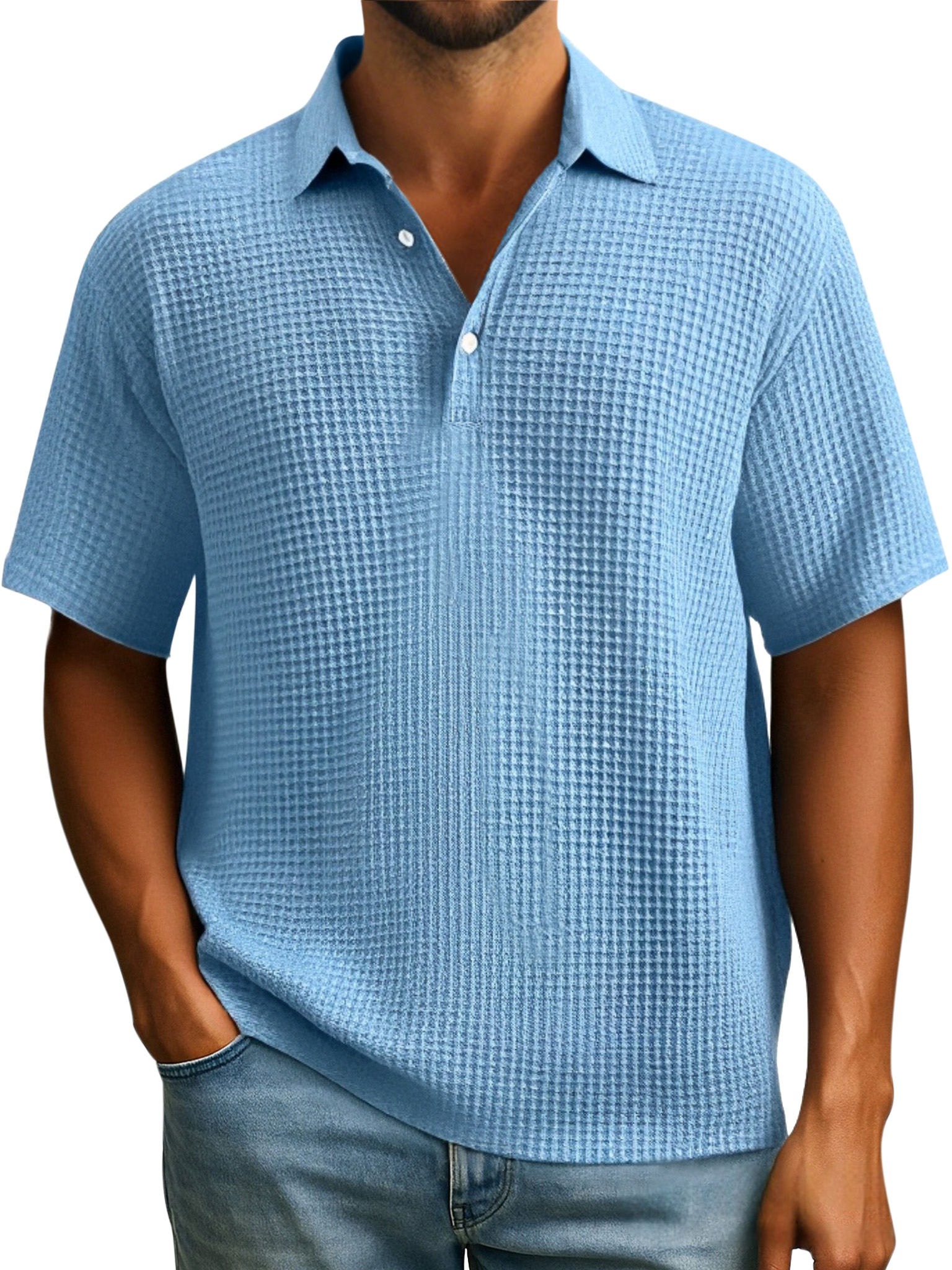 Herren Einfaches Alltags-Poloshirt mit Waffelknopf und Revers in einfarbigem Design mit kurzen Ärmeln-ZierMode