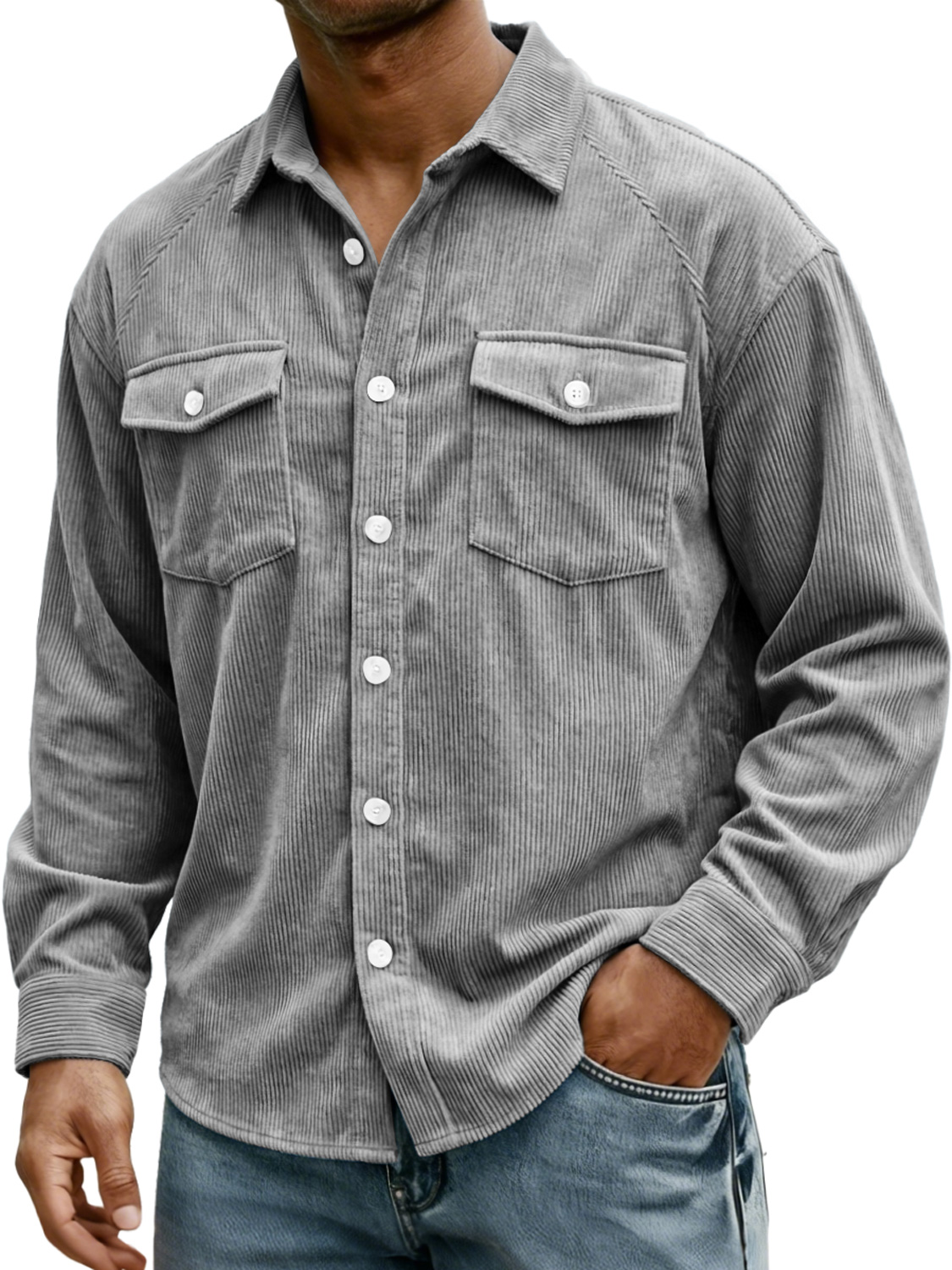 Herren Vintage Raglanärmel Corduroy Freizeit Langarmhemd mit Doppelter Taschen Design-deurabatt