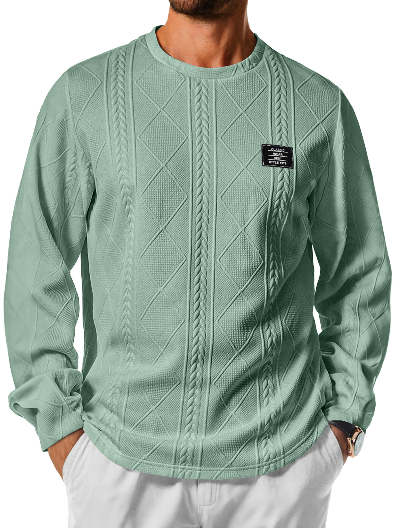 Herren Daily Rundhals Jacquard-Textur Besticktes Logo Lässiges Langarm-T-Shirt-deurabatt