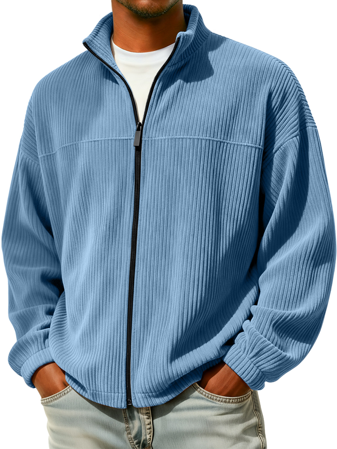 Herren einfache Stehkragen Reißverschluss Cord-Jacke casual-deurabatt