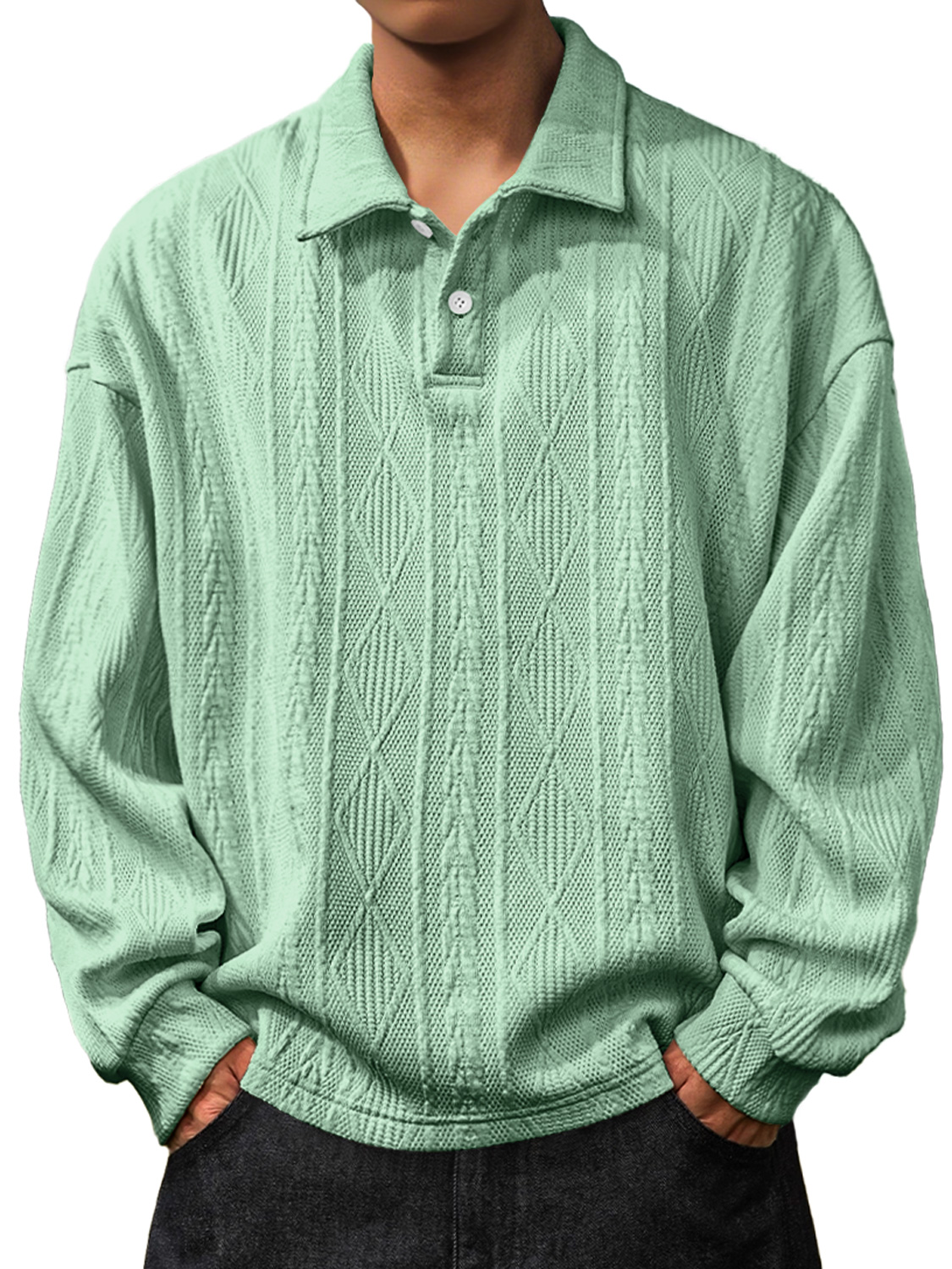 Herren Daily Jacquard Struktur Revers Knopf Langarm Polohemd-deurabatt