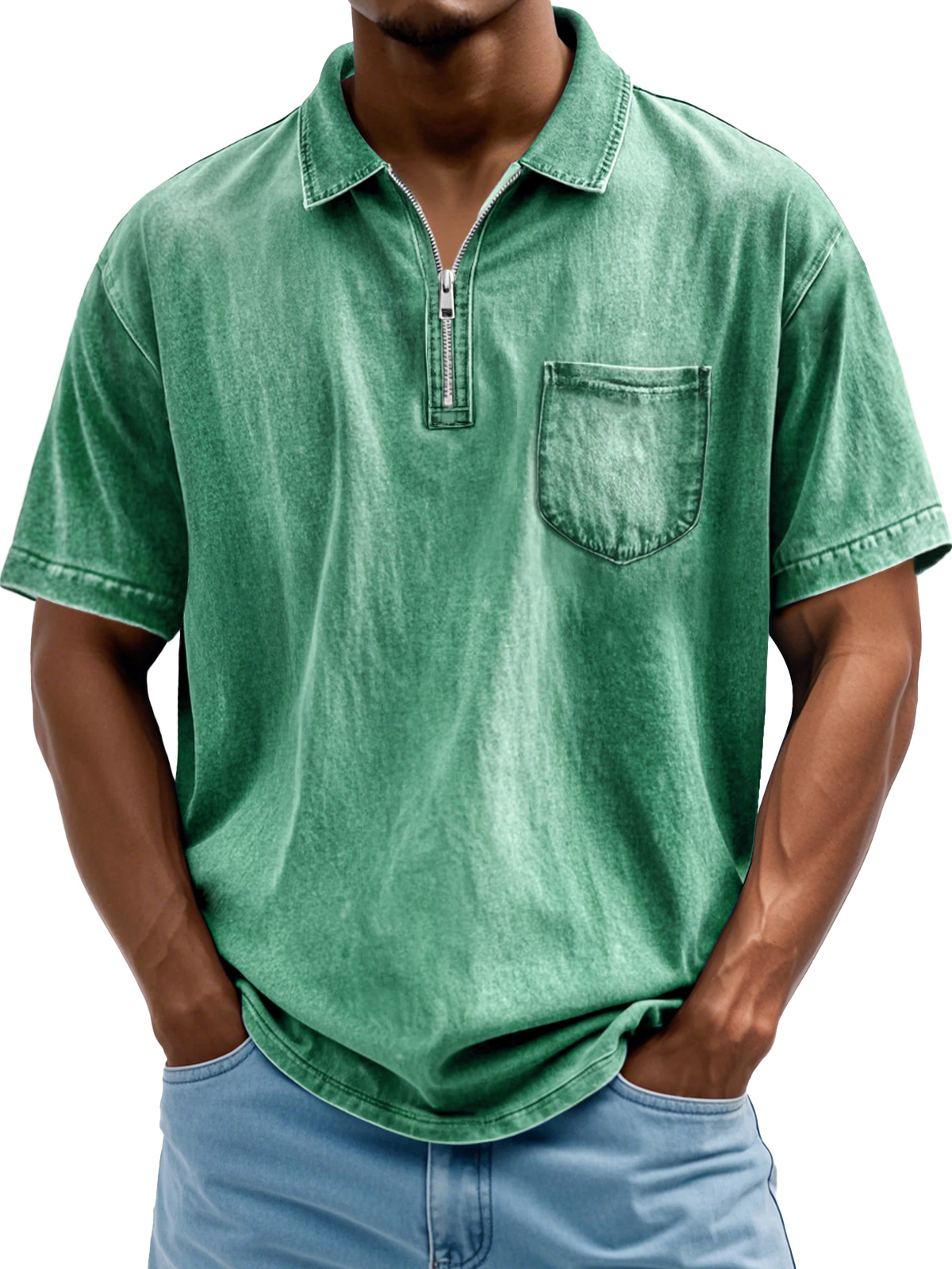 Herrenmode Retro Revers Reißverschluss Freizeit Kurzarm POLO Hemd-deurabatt